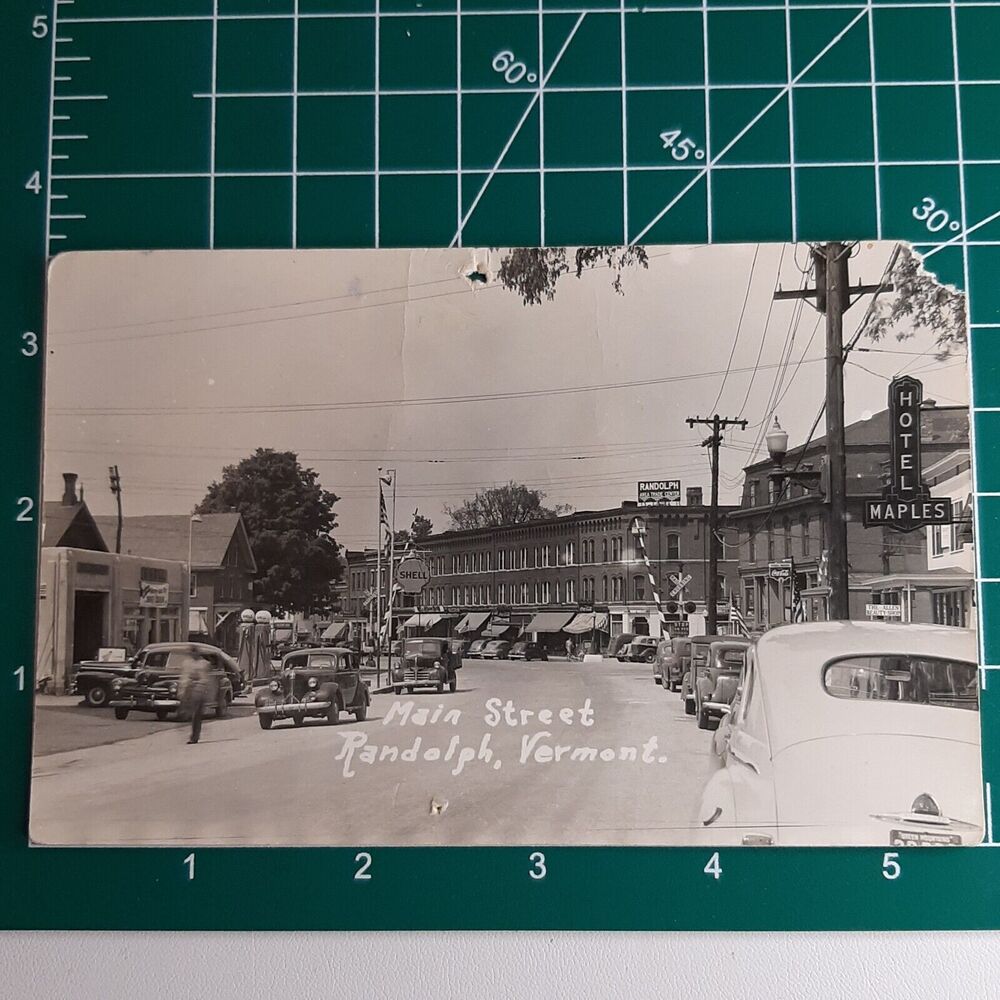 RPPC Main Street Randolph VT - Hotel Maples Shell Gas Coca Cola RR Crossing